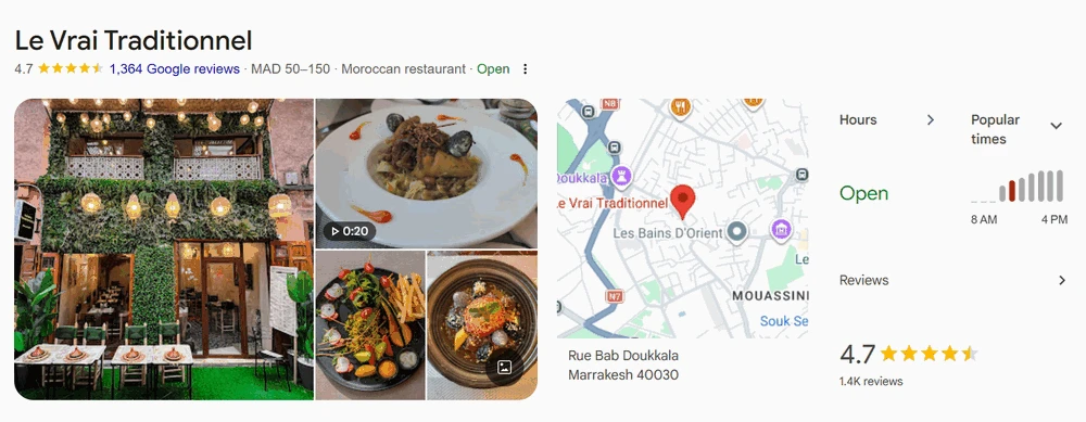 Le Vrai Traditionnel's Google Business Profile listing: photos, 4.7 rating, opening hours and map.