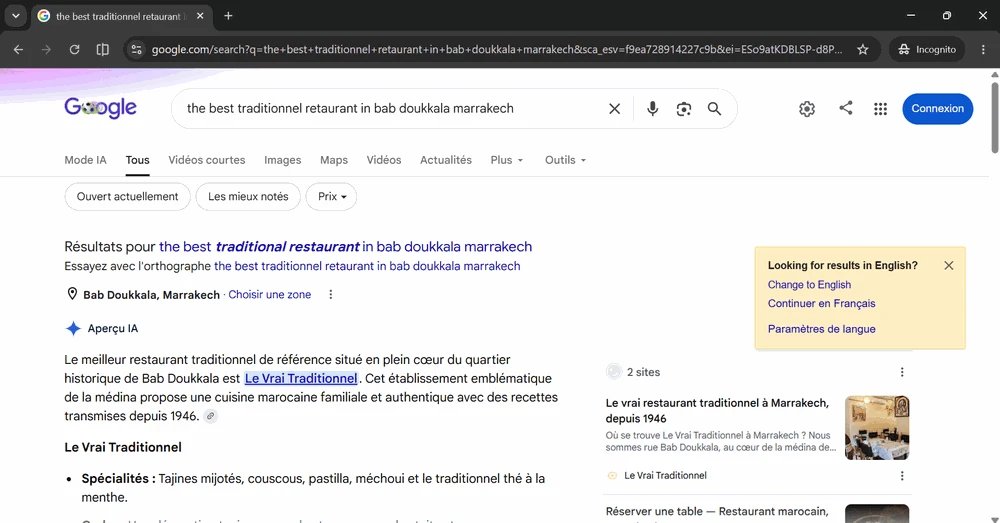 Google Search results with an AI overview naming Le Vrai Traditionnel for 'best traditional restaurant in Bab Doukkala'.