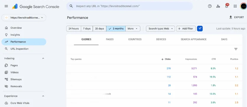 Le Vrai Traditionnel's Google Search Console performance report: a table of top search queries with clicks, impressions, CTR, and average position columns.
