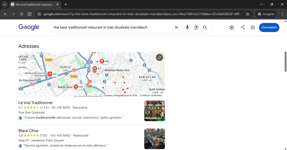 Google Search local results: Le Vrai Traditionnel listed at the top of the 'Addresses' pack for a traditional-restaurant search.